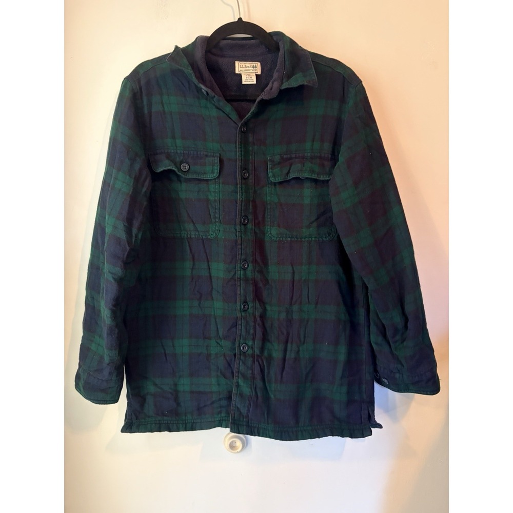 L.L.Bean Fleece Lined Flannel Shirt Jacket‎ Mens Small Green Black Plaid Chamois